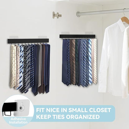 HOMEBROS Tie Rack Wall Mount, Adhesive Wooden Closet Tie Hanger with 24 Metal Hooks, Large Capacity, 2 Installation Options, Black, 2 Pcs