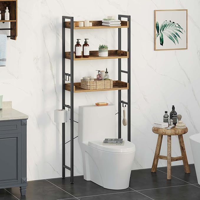 Rolanstar Over The Toilet Storage Rack, 3-Tier Bathroom Organizer Shelf Over Toilet with Adjustable Shelves and Basket Bathroom, Freestanding Space Saver, Rustic Brown