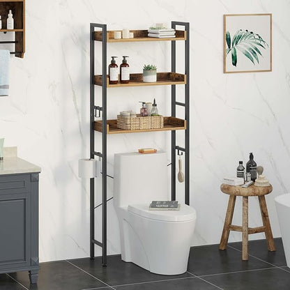 Rolanstar Over The Toilet Storage Rack, 3-Tier Bathroom Organizer Shelf Over Toilet with Adjustable Shelves and Basket Bathroom, Freestanding Space Saver, Rustic Brown