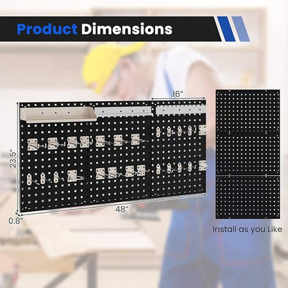 Pegboard Wall Organizer, 3 Pieces Metal Pegboard Panels with 25 Hooks, Storage Platform & Square Hole, Pegboard Kit for Utility Tools, Garage & Workshop(Black)