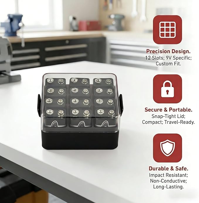 ALCYON 9V Battery Organizer Storage Case, Battery Vault Box Container for 12pcs 9V Batteries, Plastic Clear Protective Battery Holder for Travelling/Home/Office (Box Only, Black)