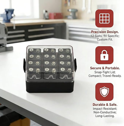 ALCYON 9V Battery Organizer Storage Case, Battery Vault Box Container for 12pcs 9V Batteries, Plastic Clear Protective Battery Holder for Travelling/Home/Office (Box Only, Black)
