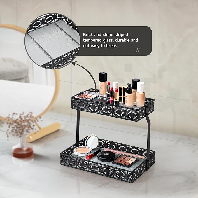 xiaojuande-Two Layer Glass Storage Tray with Portable Dressing Table Skin Care Product Organization Rack Corner Storage Rack for Bathroom Counter High-end Light Luxury Display Plate - Gold (Black)