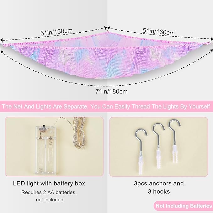 Unicorn Castle Stuffed Animals Net or Hammock Kids Toy Storage Organizer with LED Light Hanging Corner Stuffed Animals Holder Kids Girls Room Decor,Pink-Purple-Yellow,Large (Pack of 1)