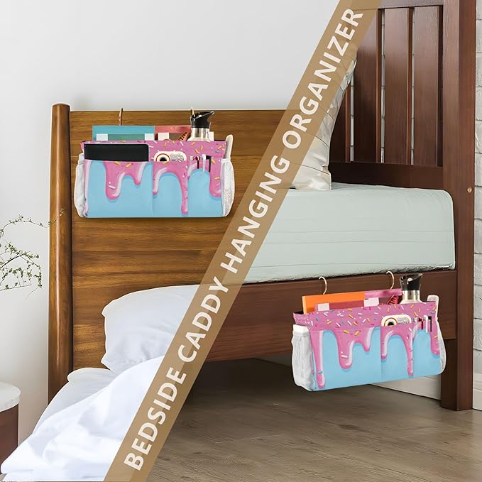 CuwrYet Bedside Caddy Hanging Bunk Bed Caddy Bed Organizer Hanging Pocket with 2 Hooks Bedside Storage Organizer Pocket Bag Holder Cartoon Dripping Frosting