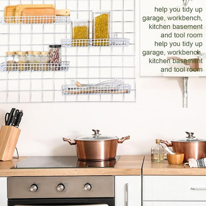 Blulu 4 Pcs 15.75 x 5.91 x 1.97 Inch Metal Grid Wall Baskets with Hooks Grid Wall Shelves Hanging Wire Basket Multi Function Storage Organizer for Kitchen Organizing Display (White)