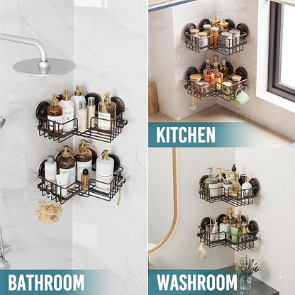 TAILI 2 Pack Powerful Suction Cup Shower Caddy Corner-adaptive, Stainless Steel Rustproof Shower Shelves with Hook, Drill-Free Wall Suction Baskets, Large Capacity Removable Bathroom Organizer, Brown