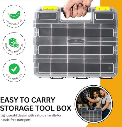 Andalus Tools Organizer Box, Small Parts Storage 34-Compartment Double-Sided Portable Hardware Organizer Removable Plastic Dividers for Screws, Nuts, Bolts, Nails – Yellow (1 Pack, 12.5" x 10.5" x 3")