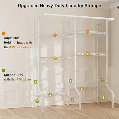 U14 Medium Over the Washer and Dryer Shelves, 4 Tiers Laundry Room Storage and Organizer System, Space Saving Clothes Drying Rack with 2 Clothes Hanger Rods, 57.8"W x 20.5"D x 77.4"H, White