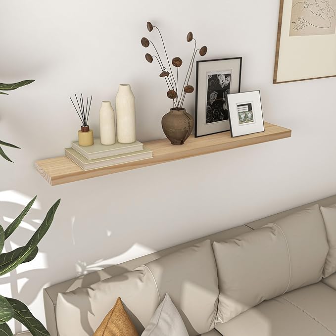 Fun Memories 48 Inch Floating Shelves for Wall, Deep Rustic Solid Wood Floating Shelf - Farmhouse Wall Mounted Display Shelf with Heavy-Duty Metal Bracket, 48" W x 8" D, Set of 1, Unfinished for DIY