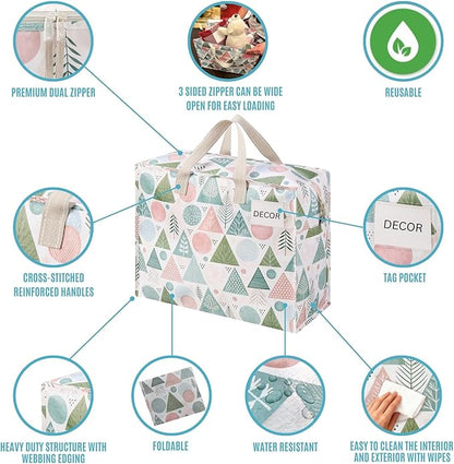 VENO 4 Pack Heavy Duty Moving Bags, Storage Bags, Packing Supplies, Top Zipper, Storage Totes for Camping, Clothes, Bedding, Comforters, Pillows, Christmas Pattern (13 Gallon, Pastel Forest, 4 Pack)