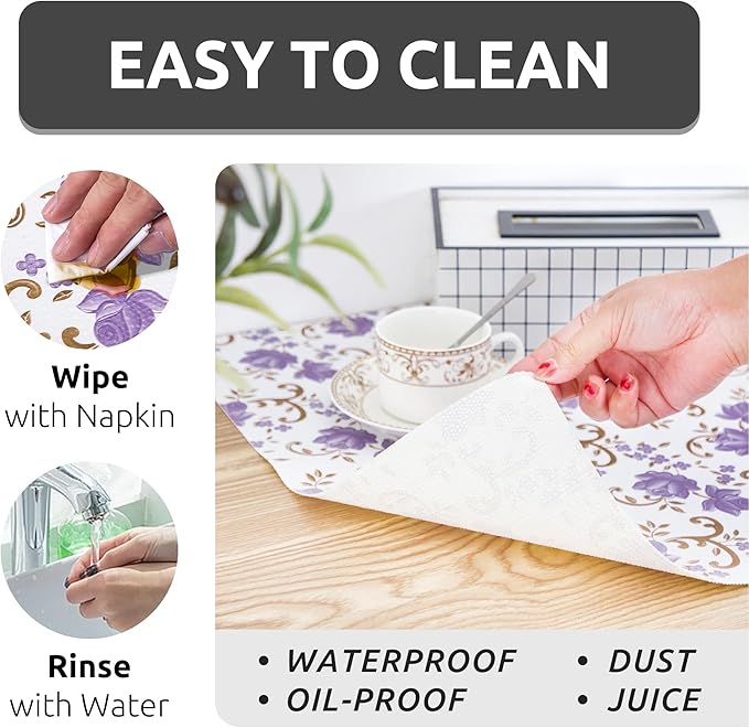 18X96 Inch Shelf Liner for Kitchen Cabinets, PVC Drawer Liner for Dresser Non-Slip Bathroom, Non-Adhesive Cabinet Liner Washable (Purple Floral)(2 Roll)