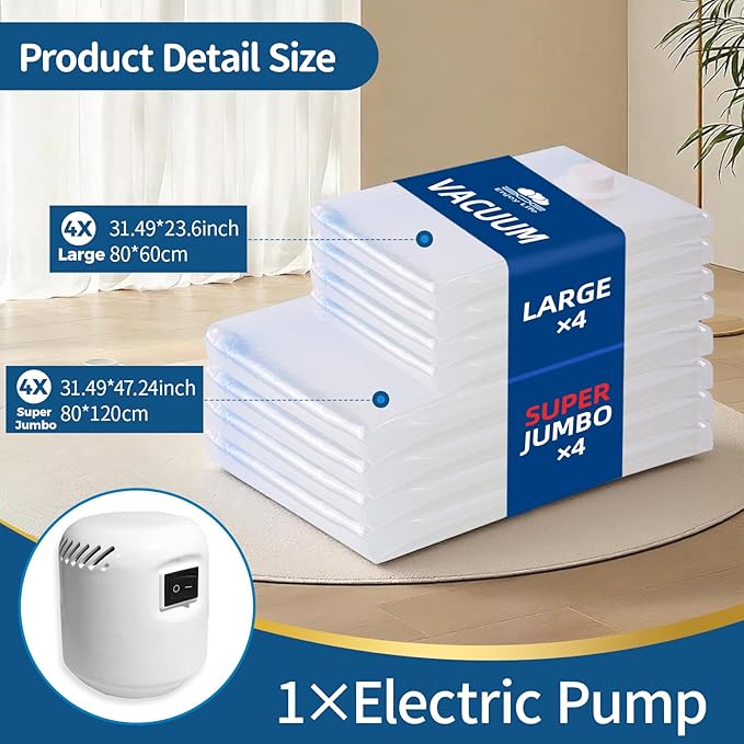 ZoeEnjoyLife Vacuum Storage Bags with Electric Pump,8 Pack Extra Large Space Saving Vacuum Seal Bags for Bedding,Blanket,Comforters,Duvets,Pillows(4 Large+4 Super Jumbo)