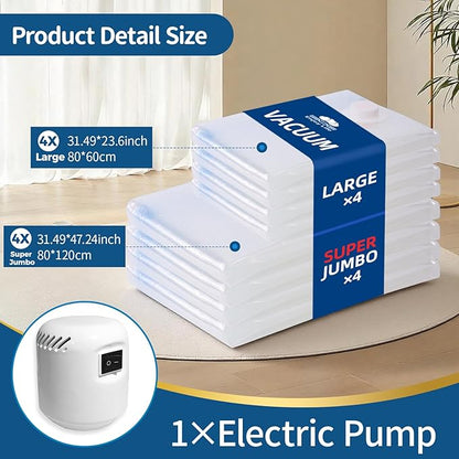 ZoeEnjoyLife Vacuum Storage Bags with Electric Pump,8 Pack Extra Large Space Saving Vacuum Seal Bags for Bedding,Blanket,Comforters,Duvets,Pillows(4 Large+4 Super Jumbo)