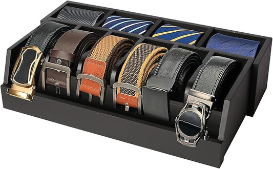 Niciksty Wooden Belt Organizer, 10 Compartments Belt Organizer for Closet and Drawer, Stylish Belt Storage Display Holder for Men Women’s Belts, Ties, and Jewelry, Black