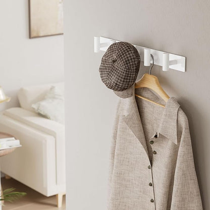 White Wall Mounted Coat Rack – 5 T-Shaped Pegs for Hats, Bags & Towels, Heavy-Duty Metal Rail for Entryway, Bathroom, Closet, Bedroom (2 Pack)