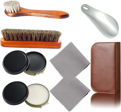 Complete Shoe Care Kit with Black and White Shoe Polish - Perfect for Home and Travel Use - Includes Brushes, Polishes, Cloths, Horn, and Leather Box - Ideal Gift for Leather Shoe Lovers