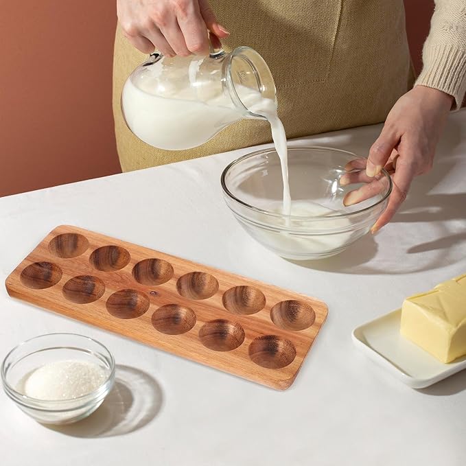 Homoyoyo Wooden Egg Tray 12 Egg Holder for Fridge Kitchen Storage Acacia Wood Fresh Organizer 11.85X4.4X0.78 Inches