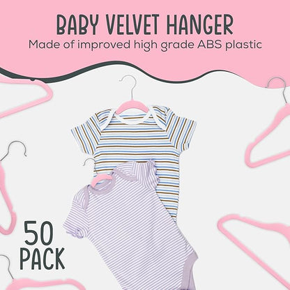 TechZoo 50 Premium Baby Velvet Hangers - 11.8 Inches Non-Slip & Ultra-Slim Baby Hangers for Space-Saving & Children Clothes - 360 Swivel Hook, Strong & Durable Infant & Toddler Clothes Hanger - Pink