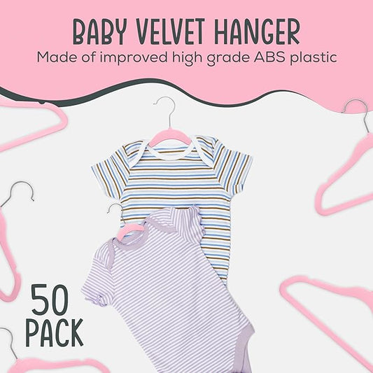 TechZoo 50 Premium Baby Velvet Hangers - 11.8 Inches Non-Slip & Ultra-Slim Baby Hangers for Space-Saving & Children Clothes - 360 Swivel Hook, Strong & Durable Infant & Toddler Clothes Hanger - Pink