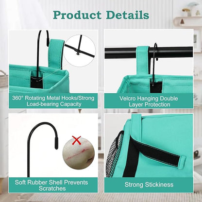 Surblue Bedside Organizer with Hook Hanging Storage Bag with Adjustable Strap and Water Bottle Holder for Home, College Dorm, Hospital Accessories, Crib Bed Rail, Green, 2PCS