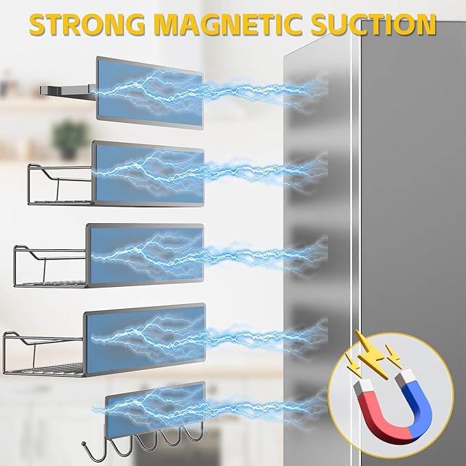 5 Pack Magnetic Shelves for Washing Machine & Refrigerator, Heavy-Duty Metal Magnetic Laundry Organizer with Hooks, Space-Saving Storage Baskets for Laundry Room, Kitchen & Closet (Grey)