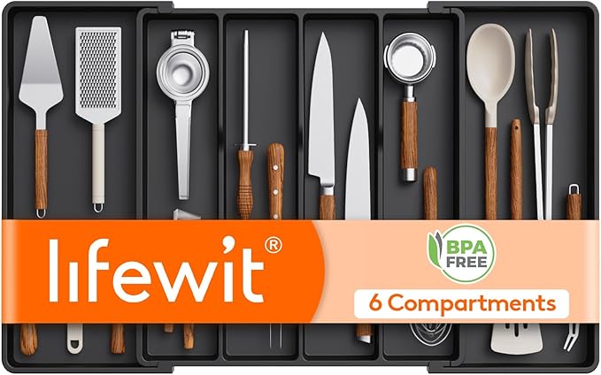 Lifewit Utensil Organizer for Kitchen Drawers, Expandable Cooking Utensil Tray, Adjustable Cutlery Silverware Flatware Holder, Plastic Spatula Tools and Gadgets Storage Divider, Black, 18"-30" x 18.5"