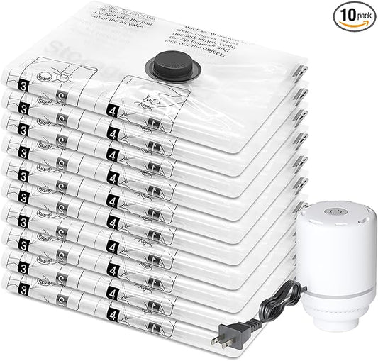 10 Jumbo Vacuum Storage Bags with Electric Pump, Compression Packing Seal Space Saver Cubes for Clothing Bedding Comforters Blankets Pillows