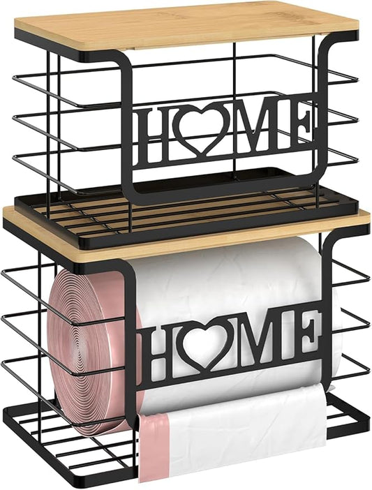 Trash Bag Holder Dispenser, AUVAHOX Garbage Bags Organizers with Bamboo Top, Wall Mount with Adhesive Hook, Perfect Storage Rack for Cabinet, Under Sink (Black, 2pack set-L/XL)
