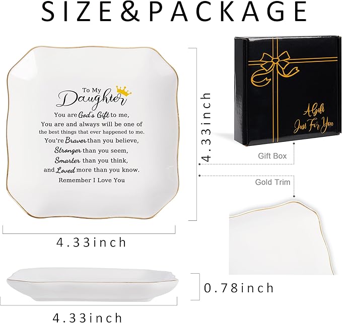 Jelershy Daughter Gifts Ring Jewelry Dish Tray - Christmas Valentines Mother's Day Wedding Birthday Gifts for Daughter from Mom - You Are God's Gift to Me... You're Brever Stronger Smarter Loved