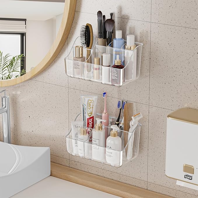 2-Pack Clear Wall-Mounted Toothbrush Holders, Tooth Brush & Toothpaste Holder for Bathroom Countertop or Wall