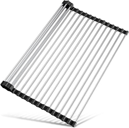 Tomorotec 21" x 15.5" Roll Up Dish Drying Rack Over Sink Drying Rack Sink Cover Kitchen Sink Accessories Gadget Multipurpose Organizer Foldable Stainless Steel Drainer