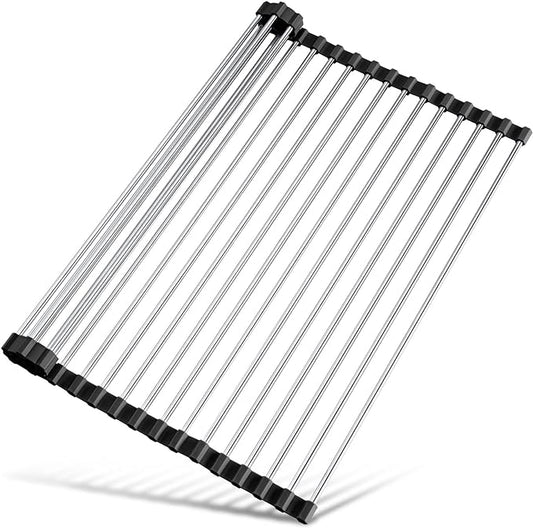 Tomorotec 21" x 15.5" Roll Up Dish Drying Rack Over Sink Drying Rack Sink Cover Kitchen Sink Accessories Gadget Multipurpose Organizer Foldable Stainless Steel Drainer