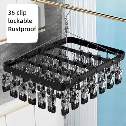 Clothes Drying Racks Clip Hangers Metal with 36 Clips Windproof Hook Underwear Hanger Foldable Laundry Clip for Socks Bras Black