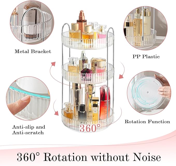 ALUYUYO 360° Rotating Makeup Organizer for Vanity, Spinning Cosmetics Organizer Holder Rack, Large Capacity Bathroom Organizer Countertop, Fits Perfume, SkinCare, Makeup Brushes 3 Tiers, Transparent