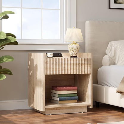 Bigbiglife Fluted Nightstand with Charging Station, 22" Modern Side Table with Drawer End Table with Open Storage, Bedside Table for Bedroom, Living Room, Natural Oak (1, Natural Oak)