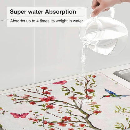 Hummingbird Butterfly Dish Drying Mat 18x24 For Kitchen Counter Absorbent Microfiber Dishes Pad Dish Drainer Rack Mats Fast Dry Kitchen Accessories