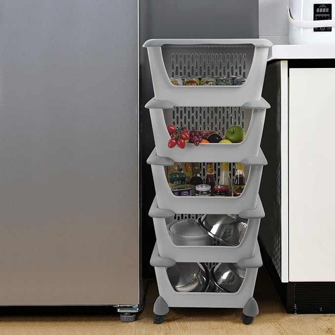 5 Tiers Plastic Stacking Storage Baskets, Kitchen Stackable Storage Bins, Grey
