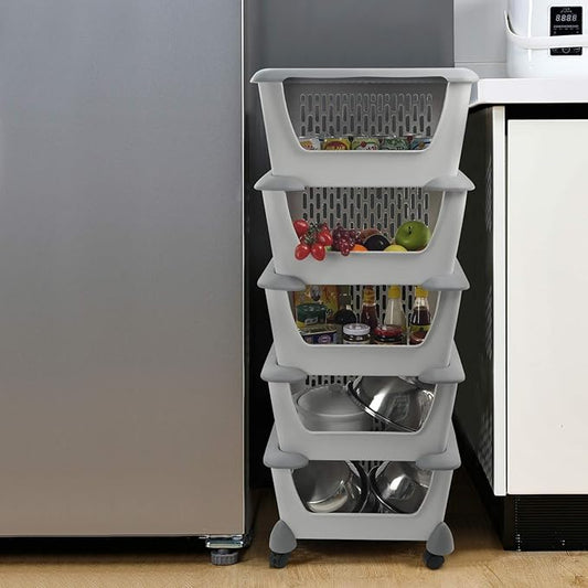 5 Tiers Plastic Stacking Storage Baskets, Kitchen Stackable Storage Bins, Grey
