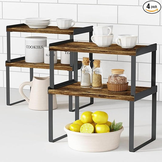 Kitchen Cabinet Organizers and Storage Shelves, Rustic Farmhouse Desk Shelf Riser for Cabinets, Black Expandable Corner Glasses Medicine Cabinet Organizer under Bathroom Sink - Set of 4