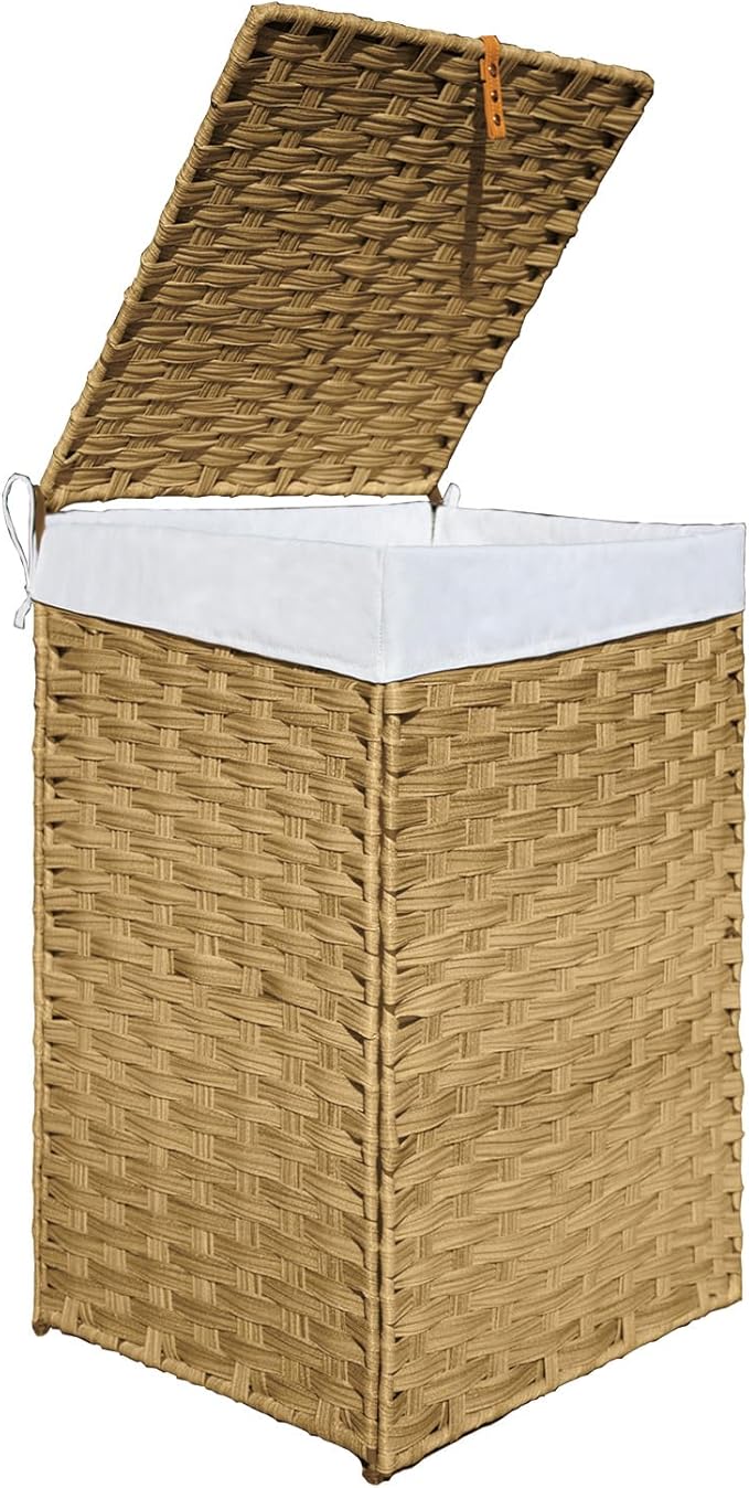 Woven Laundry Hamper with Lid,24Gal (90 L) Rattan Wicker Laundry Basket 2 Sections with Lid, Removable Machine Washable Line, Large Clothes Hamper with Handles for Bathroom Bedroom, Yellow