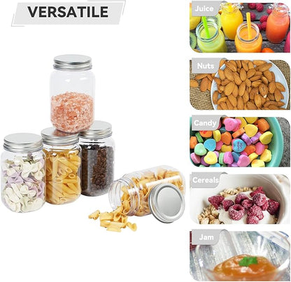 novelinks 16 oz Clear Plastic Jars with Lids, Refillable 16oz Mason Jars with Lids & Storage Containers for Kitchen & Household Use (10 Pack,Silver)