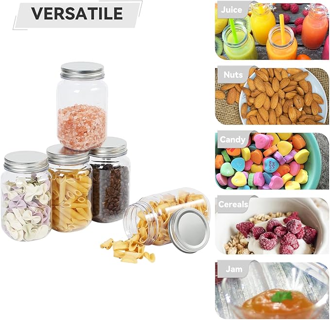 novelinks 16 oz Clear Plastic Jars with Lids, Refillable 16oz Mason Jars with Lids & Storage Containers for Kitchen & Household Use (24 Pack,Silver)