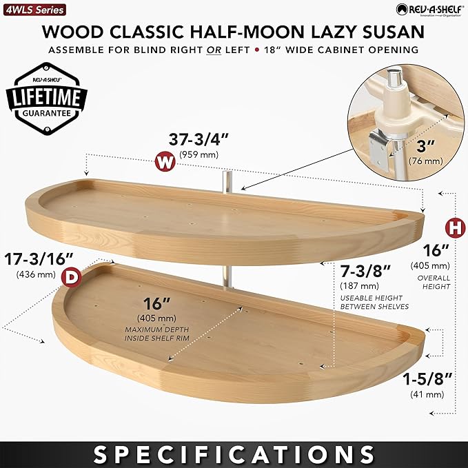 Rev-A-Shelf 38" Dual Shelf Half Moon Lazy Susan Organizer for Blind Corner Kitchen Cabinets, Pull Out Turntable Storage Trays, Wood, 4WLS882-38-570