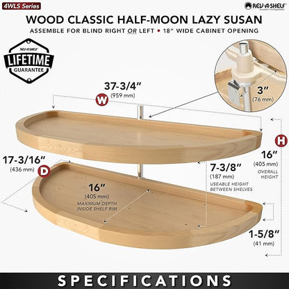 Rev-A-Shelf 38" Dual Shelf Half Moon Lazy Susan Organizer for Blind Corner Kitchen Cabinets, Pull Out Turntable Storage Trays, Wood, 4WLS882-38-570