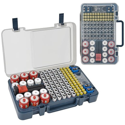 Battery Organizer Storage Case with Tester Checker. Batteries Holder Box Container for 120+ AA AAA 9V C D Lithium CR2025 CR1632 CR2032 Coin Cell Battery with Wall-Mounted Design -Blue