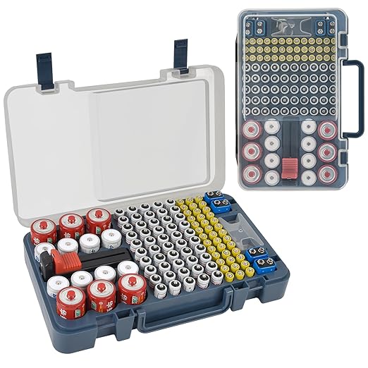 Battery Organizer Storage Case with Tester Checker. Batteries Holder Box Container for 120+ AA AAA 9V C D Lithium CR2025 CR1632 CR2032 Coin Cell Battery with Wall-Mounted Design -Blue