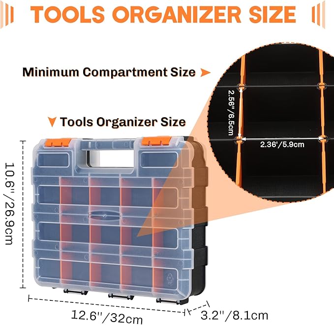 Small Parts Organizer | Storage Case Tools Box Organizer 34-Compartments Double Side Organizer Box with Removable Dividers for Small Hardware, Screws, Bolts, Nuts, Nails, Beads, Jewelry (2)