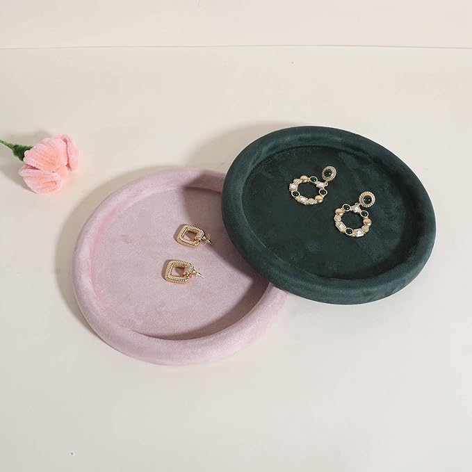 GemeShou Round Jewelry Organizer Plate, Top Microfiber Velvet Jewelry Display Tray, Empty Jewelry Showcase Tray for Necklaces, Bracelets, Rings, Earrings (Pink-Medium, 7.9 x 7.9 in)