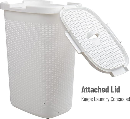 Mind Reader Slim Laundry Hamper with Lid, 60L Clothes Baskets, Premium Wicker Design, Plastic, 2-Pack, White